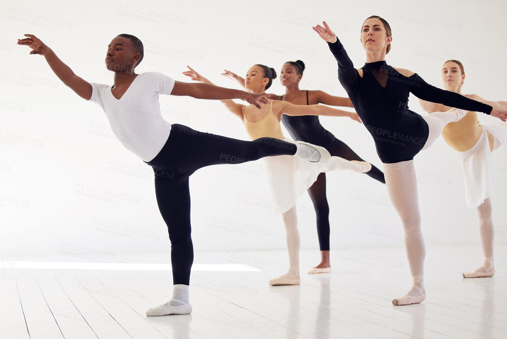 Buy stock photo Ballet, group and dance class with routine learning, exercise and training for performance in studio. Diversity, people and wellness of ballerina fitness together with balance and flexibility