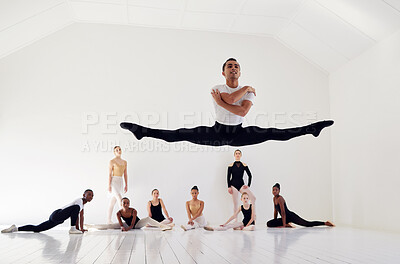 Buy stock photo Man, group and ballet training, jump and stretching in a studio, performance routine and fitness. Young people, team or male dancer practice, energy for creativity and artistic with a routine and art