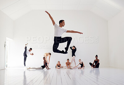 Buy stock photo Man, group and ballet training, dance and stretching in a studio, performance and choreography. Young people, team and male dancer practice, fitness and energy with creativity, artistic and routine