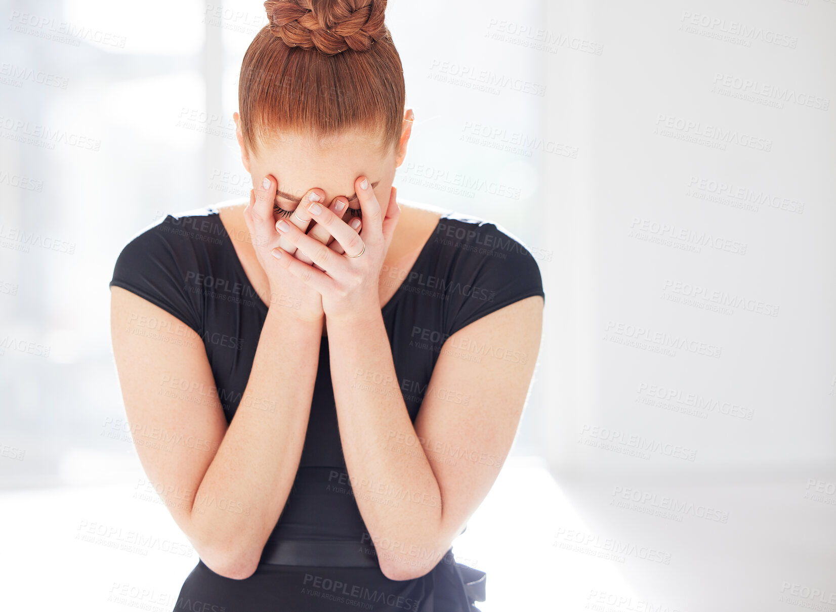 Buy stock photo Sad, depressed and woman in class, ballet and cover of face with hands, anxiety and fear of performance. Studio, dancer and scared of dancing in competition, athlete and stress of ballerina or person