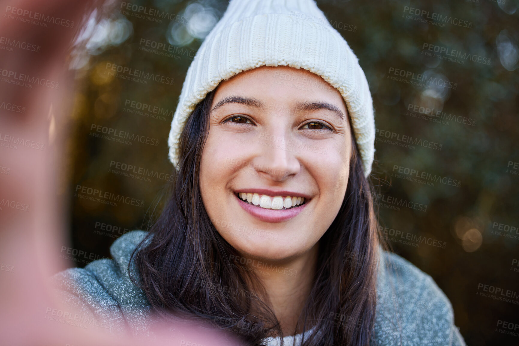 Buy stock photo Forest, selfie and happy woman in nature for travel, adventure and holiday outdoor with social media photography. Profile picture, portrait and girl person in woods for camping, hiking or explore