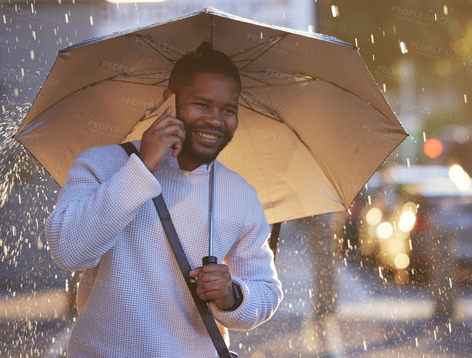 Buy stock photo Business, man and phone call with umbrella in rain, speaking and communication with virtual driver on mobile app or travel. Urban city, creative employee and online conversation, happy tech and smile