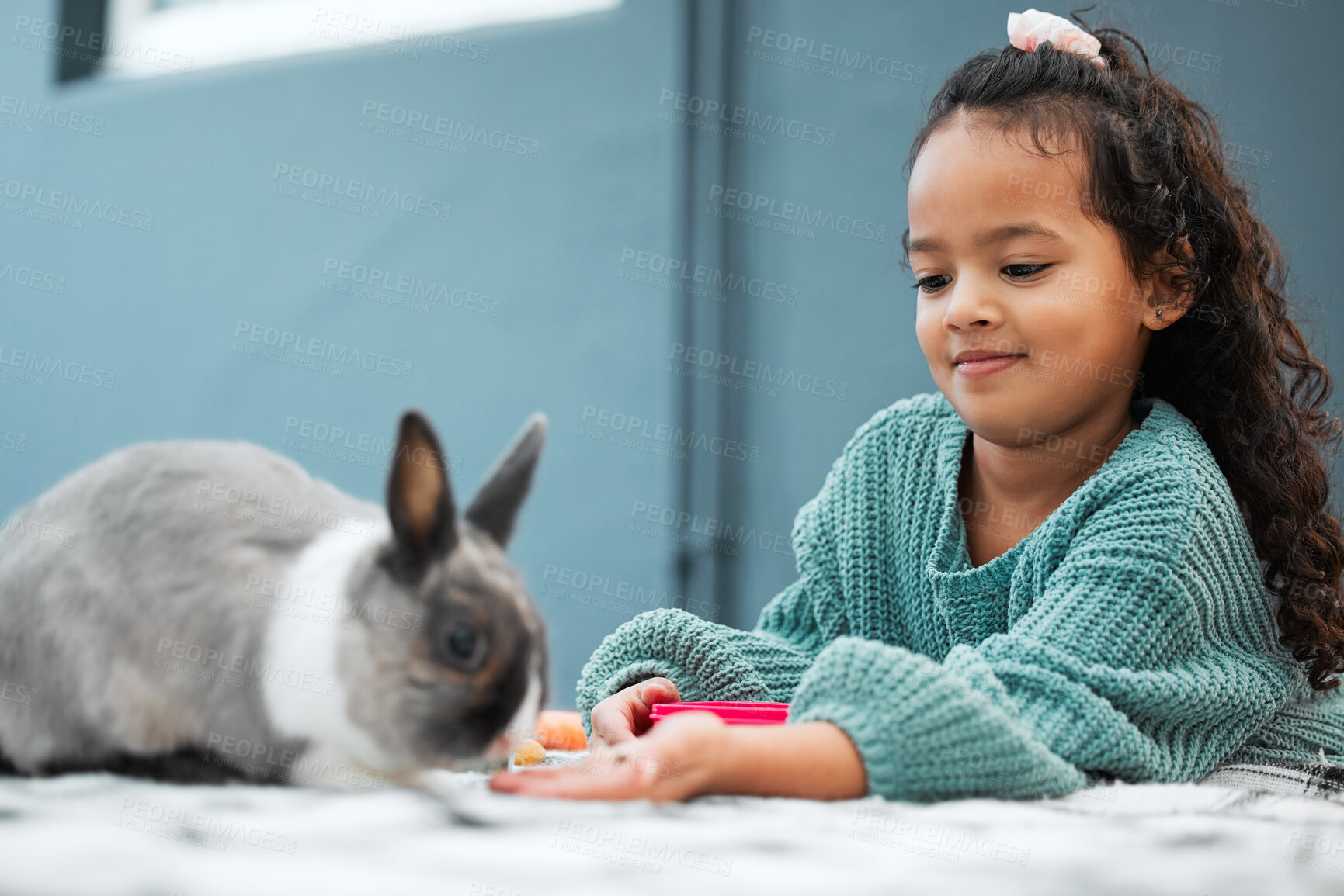 Buy stock photo Shot of an adorable little girl feeding her pet rabbit at home
