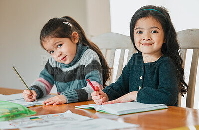 Buy stock photo Shot of two sisters completing their homework together