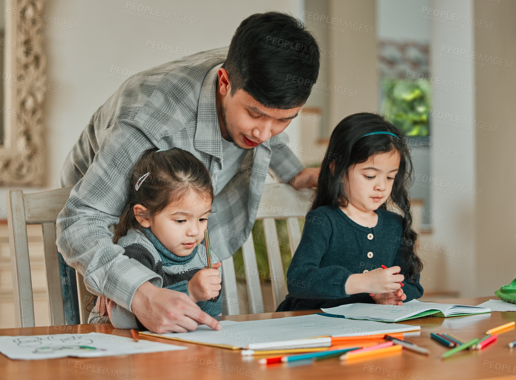 Buy stock photo Sisters, dad and helping children with homework for learning, development and studying together in home. Girl siblings, papa and kids with stationery for teaching art, creative growth and education