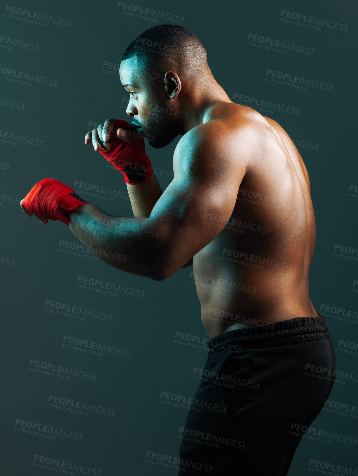 Buy stock photo Boxing, black man and sport for fitness on studio background, power workout and fist impact of mma fight. Male person, athlete and exercise, training and strong muscles for wrestling competition