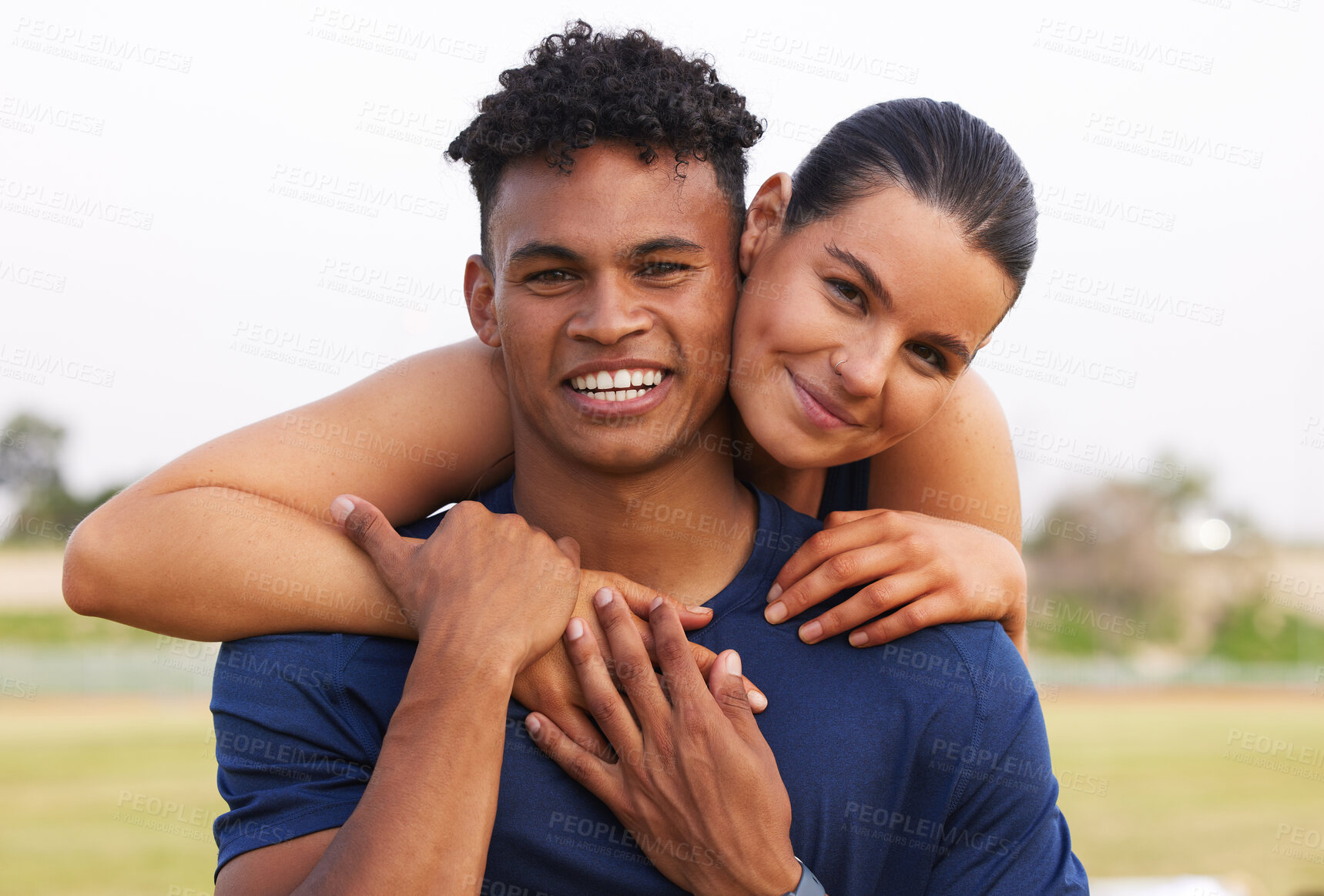 Buy stock photo Fitness, hug and portrait of couple on field with smile, support and confident outdoor exercise together. Love, man and woman embrace with sports partner, personal trainer and happy workout on grass