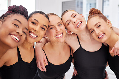 Buy stock photo Shot of a group of ballerinas taking a photo together