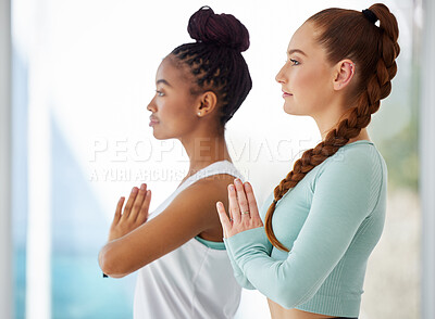Buy stock photo Shot of two young women standing together and practising yoga in the studio