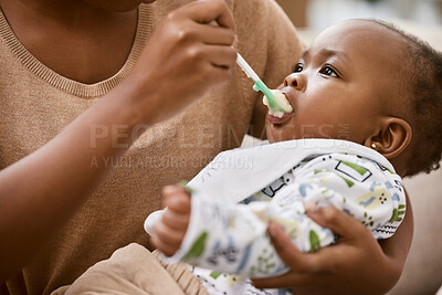 Buy stock photo Mother, baby and toddler in home with feeding, nutrition and vitamins for growth or child development. People, kid and parent with meal for health, care and support with bonding and love as family