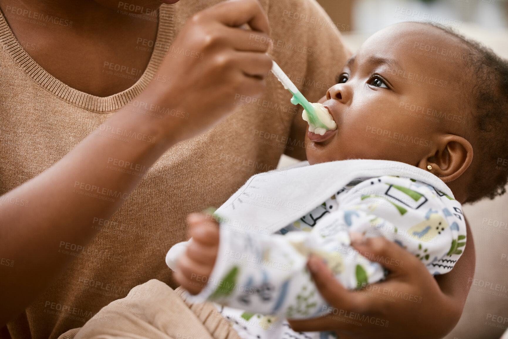 Buy stock photo Mother, baby and toddler in home with feeding, nutrition and vitamins for growth or child development. People, kid and parent with meal for health, care and support with bonding and love as family