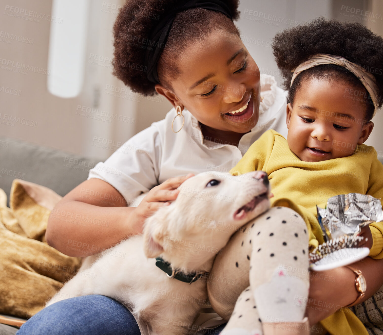 Buy stock photo Shot of a young mother and daughter relaxing with their pet at home