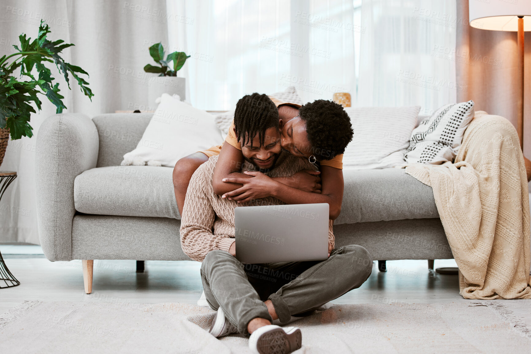 Buy stock photo Couple, hug and laptop in house living room on sofa for remote work, email or digital planning with support. Man, girl and tech in home lounge on couch for copywriter, post and social media with love