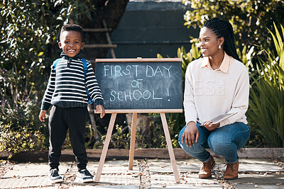 Buy stock photo Shot of a little boy looking excited for his first day of school while standing outside with his mother