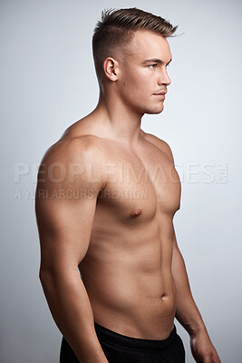 Buy stock photo Muscular, strong and man with abs on studio, background and backdrop with pride of sexy six pack. Bodybuilder, male model and topless sports athlete with muscle, fitness power and athletic confidence