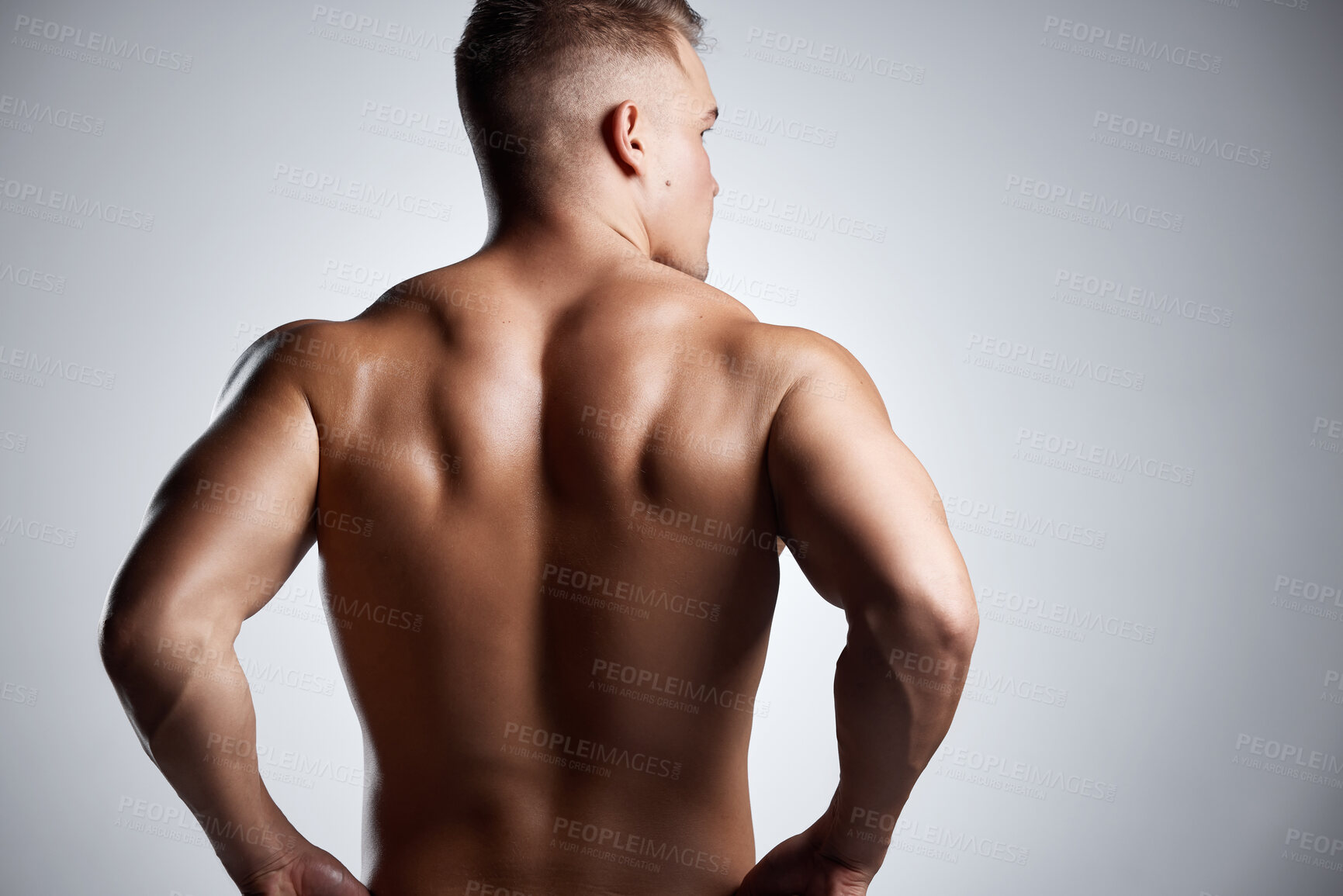 Buy stock photo Bodybuilder, back and fitness in studio with muscle, progress and strong from training or exercise. Healthy, person and model flexing on background or mockup with wellness from workout in gym