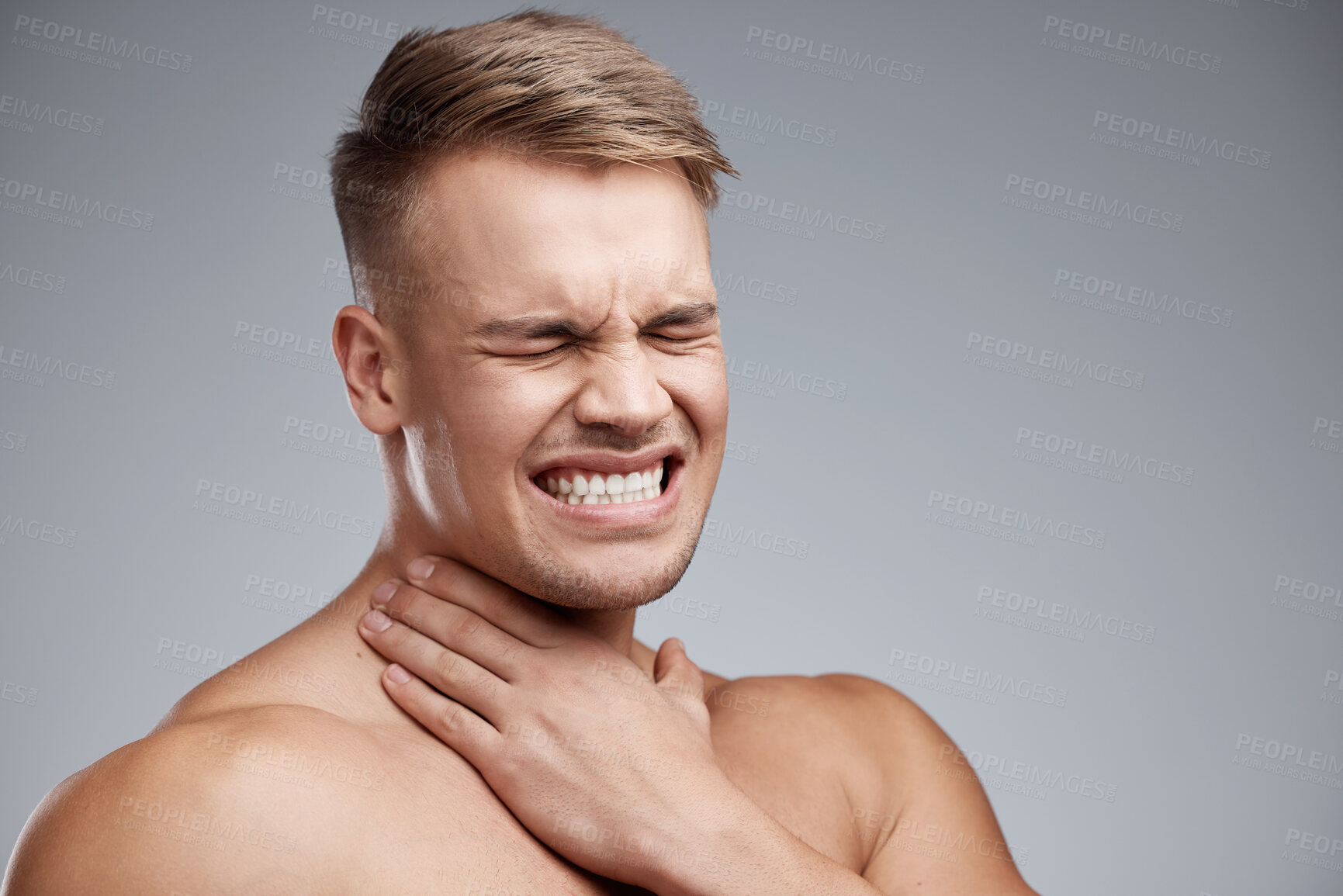 Buy stock photo Studio background, neck pain and man with stress tension or injury of workout, exercise and train session. Mockup, male athlete and muscle crisis with inflammation, sport accident or ache by backdrop