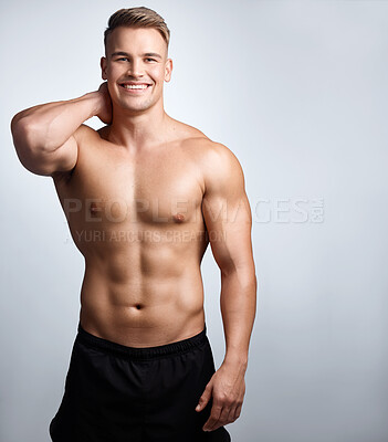 Buy stock photo Portrait, happy man and bodybuilder with abs on studio background, backdrop and topless pride on mockup. Strong male model, sexy sports athlete and smile for fitness, personal trainer and confidence 