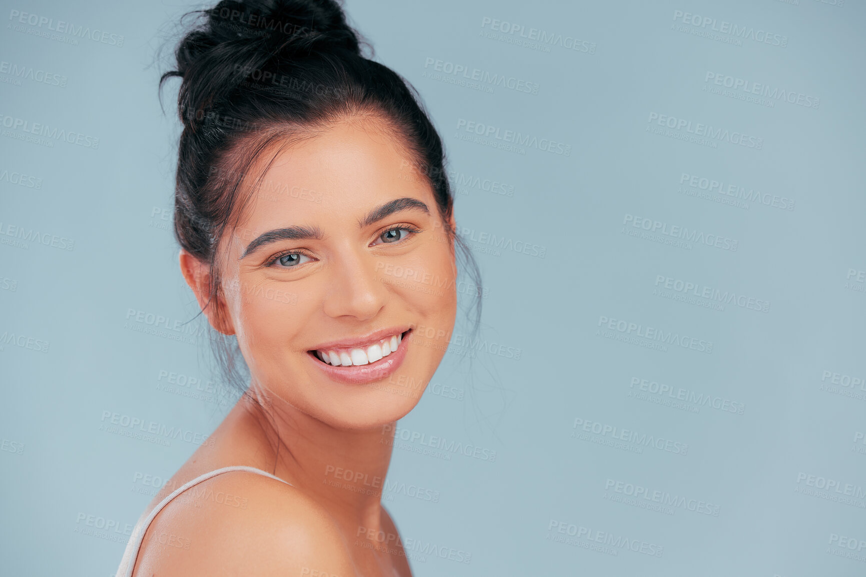 Buy stock photo Woman, portrait and beauty with smile on blue background with face for happiness or cosmetic with pride. Confidence, skincare and glowing with hydration, radiance and fresh in the Netherlands.