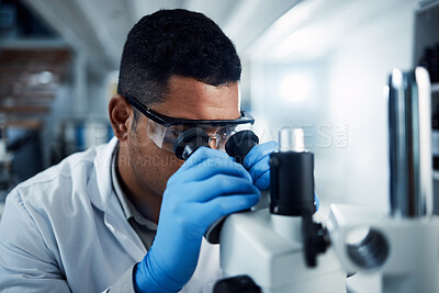 Buy stock photo Man, scientist and microscope in forensic science research, discovery or data analysis at lab. Male person or medical professional in scientific results for cure, virus or vaccine in laboratory