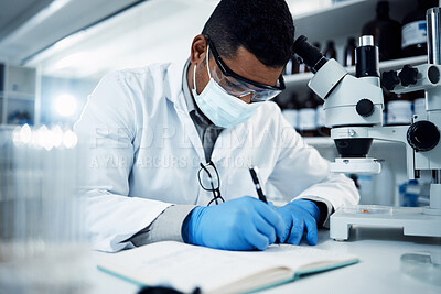 Buy stock photo Man, scientist and writing for science research, discovery or breakthrough information and notes at lab. Male person or medical professional with notebook for scientific data or results in laboratory