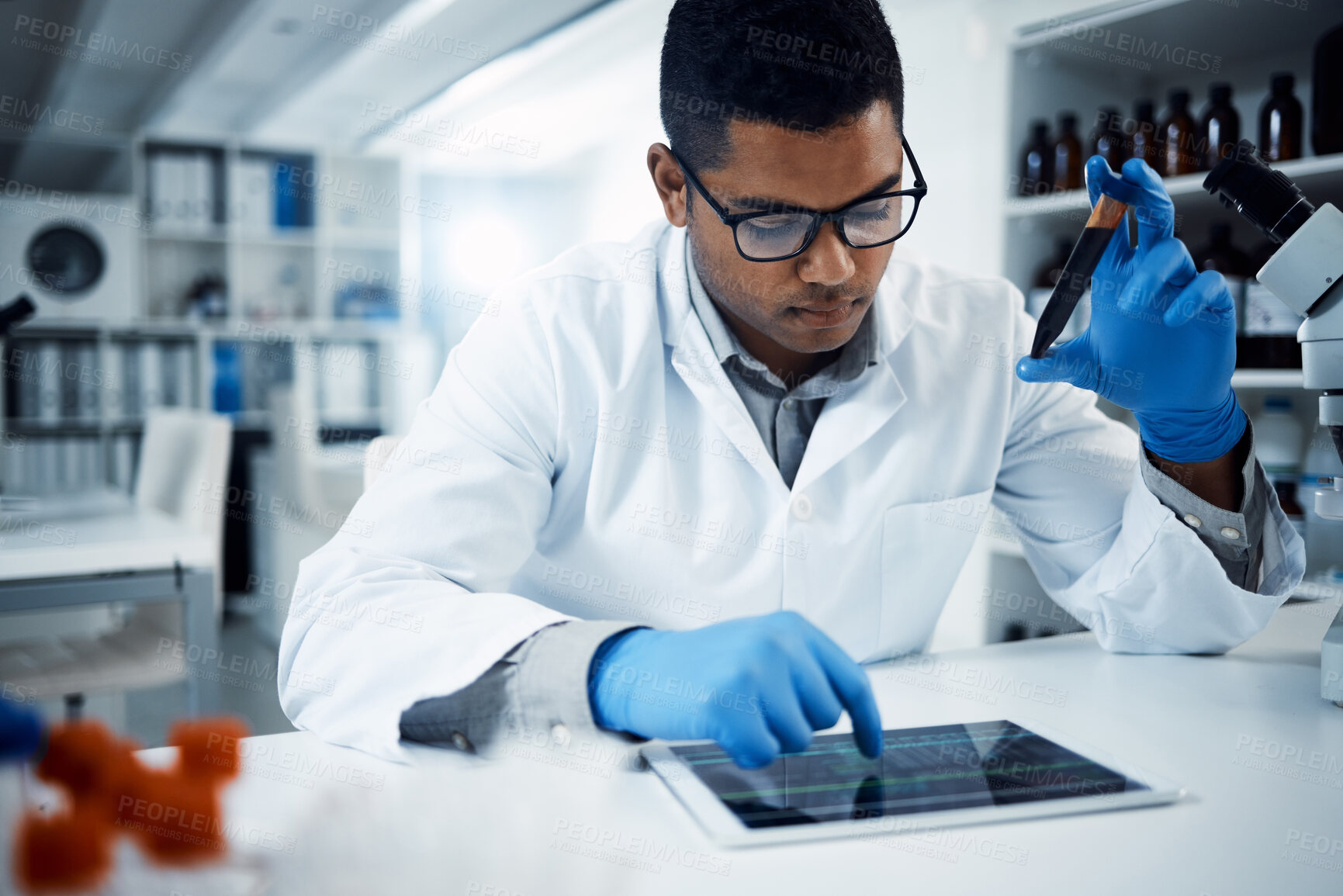 Buy stock photo Science, blood sample and man on tablet in laboratory for medical analysis, research and online report. Healthcare, pharmaceutical and male scientist on digital tech for medicine, dna or test results