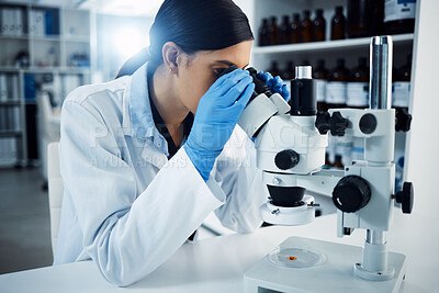 Buy stock photo Woman, scientist and microscope, study and analysis, check DNA sample and science experiment in laboratory. Female doctor analyze data, scientific innovation and medical research with knowledge