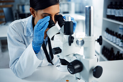 Buy stock photo Science, scientist and woman with microscope in laboratory for medical research, analysis and test. Healthcare, biotechnology and female chemist with equipment for study, sample and examine virus