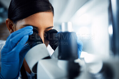 Buy stock photo Woman, scientist and microscope for forensic science research, discovery or data analysis at lab. Female person, medical professional and scientific results for cure, virus or vaccine in laboratory