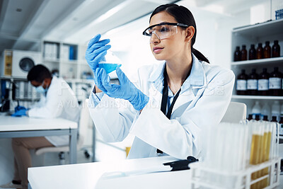 Buy stock photo Science, research and woman scientist in laboratory with medical, sample and analysis. Healthcare, medicine and lady expert in lab with liquid for vaccine, cure or futuristic, innovation or solution