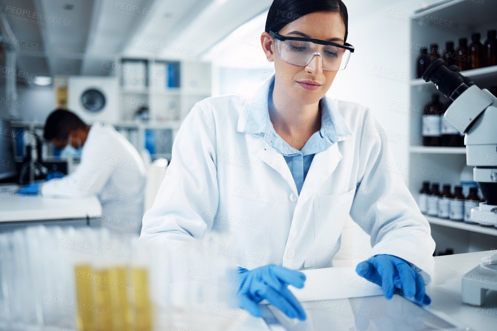 Buy stock photo Science, research and woman on tablet in laboratory for medical analysis, internet or online report. Healthcare, biotechnology and female scientist on digital tech for medicine, study or test results