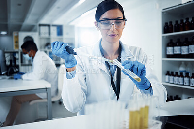 Buy stock photo Research, experiment and woman scientist in laboratory with chemical, sample or analysis. Healthcare, analytics and lady expert with liquid for vaccine, cure or futuristic innovation or solution
