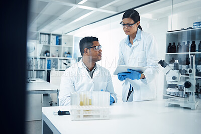 Buy stock photo Scientists, tablet and teamwork in research at lab for science data, discovery or results. Man and woman medical professional team working with technology for scientific experiment in the laboratory