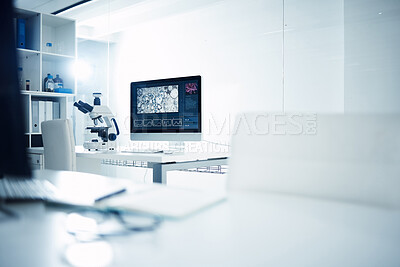 Buy stock photo Empty, room and microscope with computer in laboratory for medical workspace, science and innovation for research breakthrough. Interior, equipment and desktop with technology for experiment and work