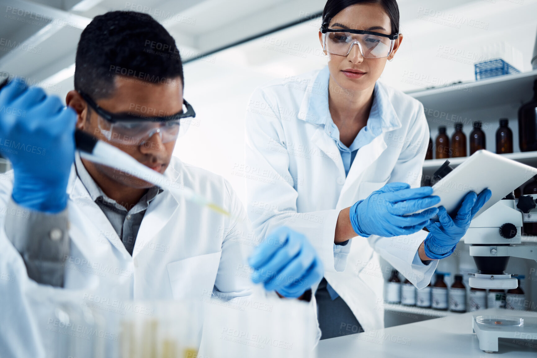 Buy stock photo People, teamwork or scientists on tablet for test tube results, life extension or antiaging medicine in laboratory. Assistant, vial or biologists with chemistry research, liquid or science update