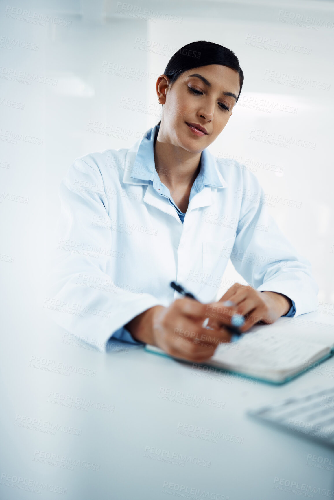 Buy stock photo Woman, scientist and writing in book for research in science discovery, breakthrough or information at lab. Female person or medical expert with notebook for scientific data or results in laboratory