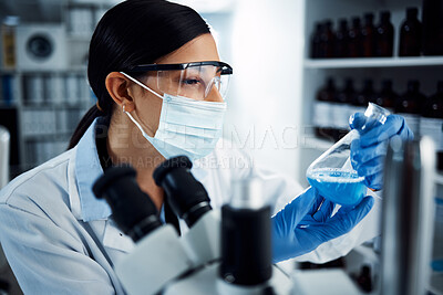 Buy stock photo Woman, scientist and analysis of chemical liquid, glass beaker and science chemistry experiment in lab. Female doctor with mask, gloves and study fluid, scientific innovation and medical research