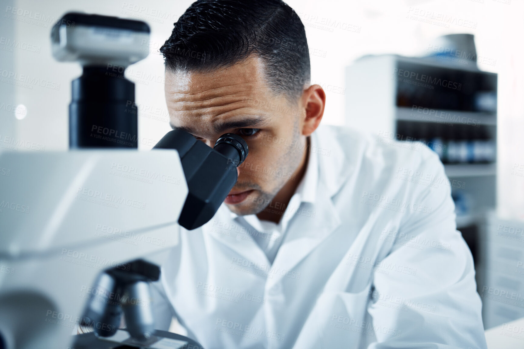 Buy stock photo Research, microscope and man scientist in a laboratory for experiment, analysis and innovation. Science, development and male health expert checking results, cancer or bacteria or sample in a lab