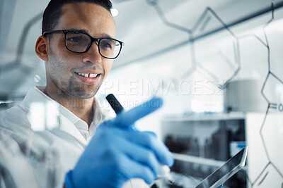 Buy stock photo Science, research and man with chemistry equation for medical analysis, formula or solution. Healthcare, pharmaceutical and happy scientist writing, brainstorming and planning in laboratory on tablet
