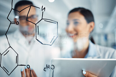 Buy stock photo Chemistry formula, tablet and man and woman with equation for medical research, medicine and solution. Healthcare, teamwork and male and female scientist with idea, analysis and tablet in laboratory