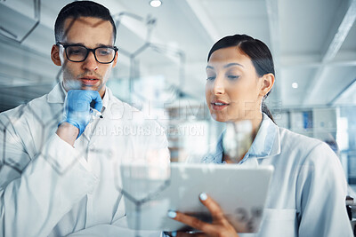 Buy stock photo Chemistry, tablet and scientist team for science equation, medical research and formula solution. Healthcare, teamwork and man with woman on tech for medicine, analysis and glass idea in laboratory