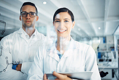 Buy stock photo Science, team and portrait of doctors with digital tablet for collaboration, innovation and solution in lab. Healthcare, teamwork and face of medical expert people online in a laboratory for research