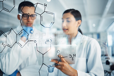 Buy stock photo Science, tablet and man and woman with chemistry equation for medical research, formula and solution. Healthcare, teamwork and male and female scientist thinking, planning and strategy in laboratory
