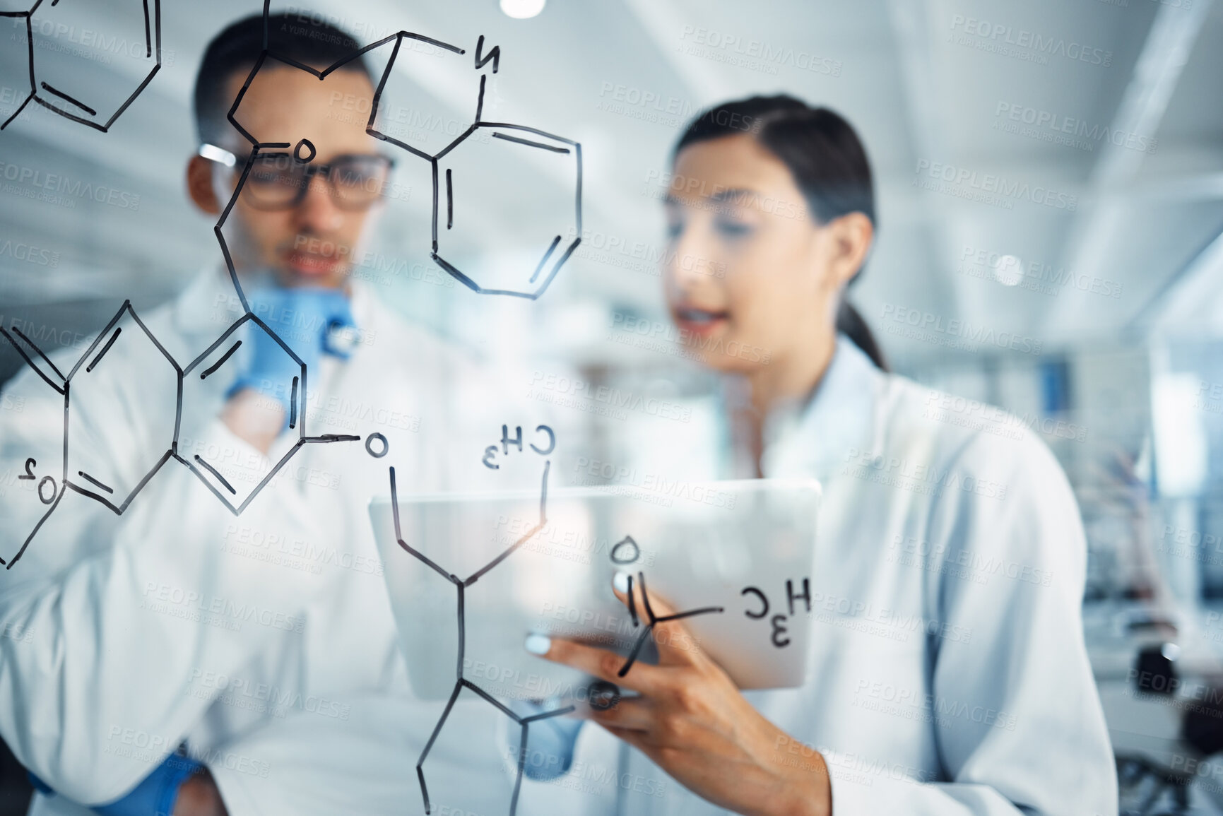 Buy stock photo Science, tablet and man and woman with chemistry equation for medical research, formula and solution. Healthcare, teamwork and male and female scientist thinking, planning and strategy in laboratory