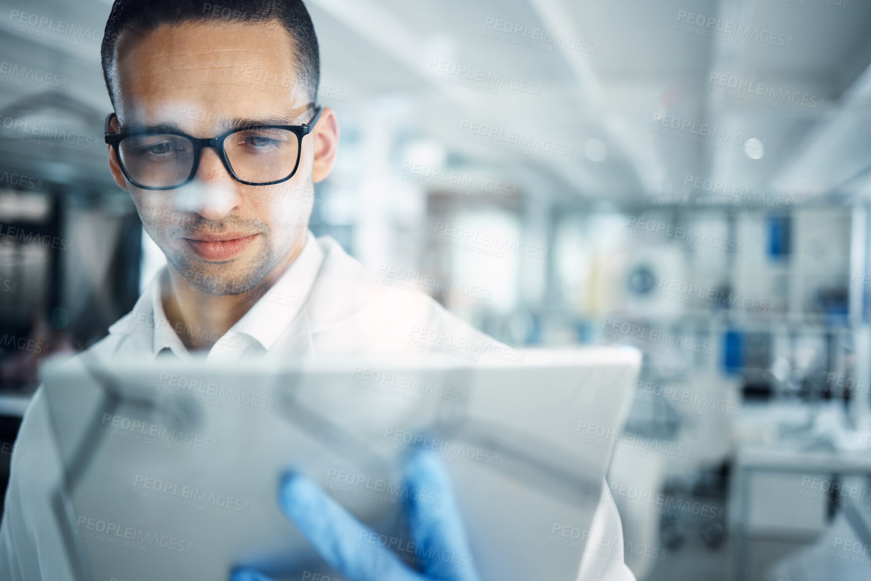 Buy stock photo Medical science, tablet and man in a laboratory for research, development and innovation. Scientist person with technology for data analysis, problem solving and formula solution for future in a lab