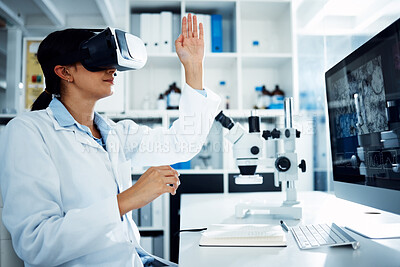 Buy stock photo Woman, scientist and VR goggles with computer screen, science innovation in lab and futuristic tech with metaverse. Virtual reality, digital data and UX with scientific experiment and female doctor