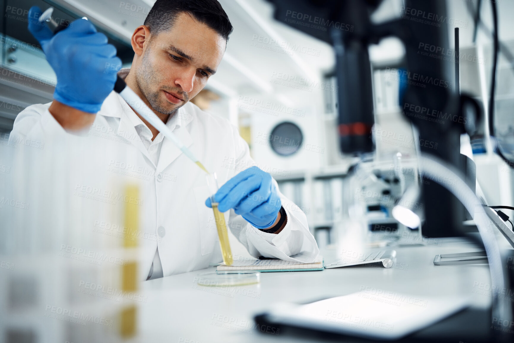 Buy stock photo Science, man and dropper on test tube for research, exam or chemical analysis for healthcare innovation in laboratory. Pipette, serious scientist and medical study for drugs, liquid or biotechnology