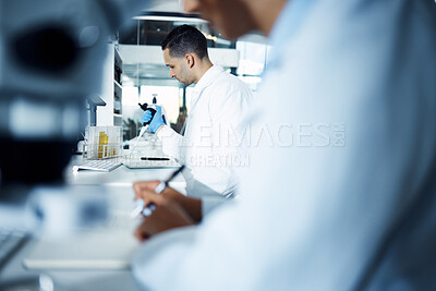 Buy stock photo Lab, microscope and scientist man or research, science career and experiment with microbiologist for organism. Study, virus and bacteria in biotechnology innovation, professional and people working