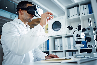 Buy stock photo Man, scientist and VR goggles with metaverse, futuristic tech and science innovation in lab. Virtual reality, medical research and UX with future technology, scientific experiment and male doctor
