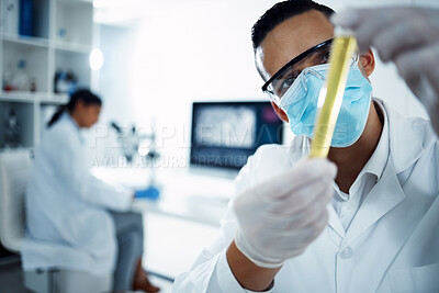 Buy stock photo Scientist, experiment and test tube in lab for research, clinical trial and biotechnology or chemistry. Chemist, pharmacist and breakthrough for problem solving, medical and science for healthcare